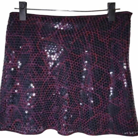 EXPRESS Sz 3/4 Purple Red Black Swirl Marble Animal Print Sequin Snap Side Close - Picture 1 of 3